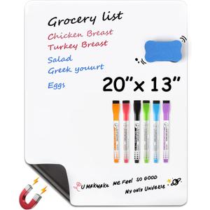 MaxGear 20'' X 13'' inch Magnetic Dry Erase Whiteboard for Refrigerator, Fridge Whiteboard Sheet for Kitchen Fridge Shopping List Notice Board with New Stain Resistant Technology (1 Eraser,6 Markers)