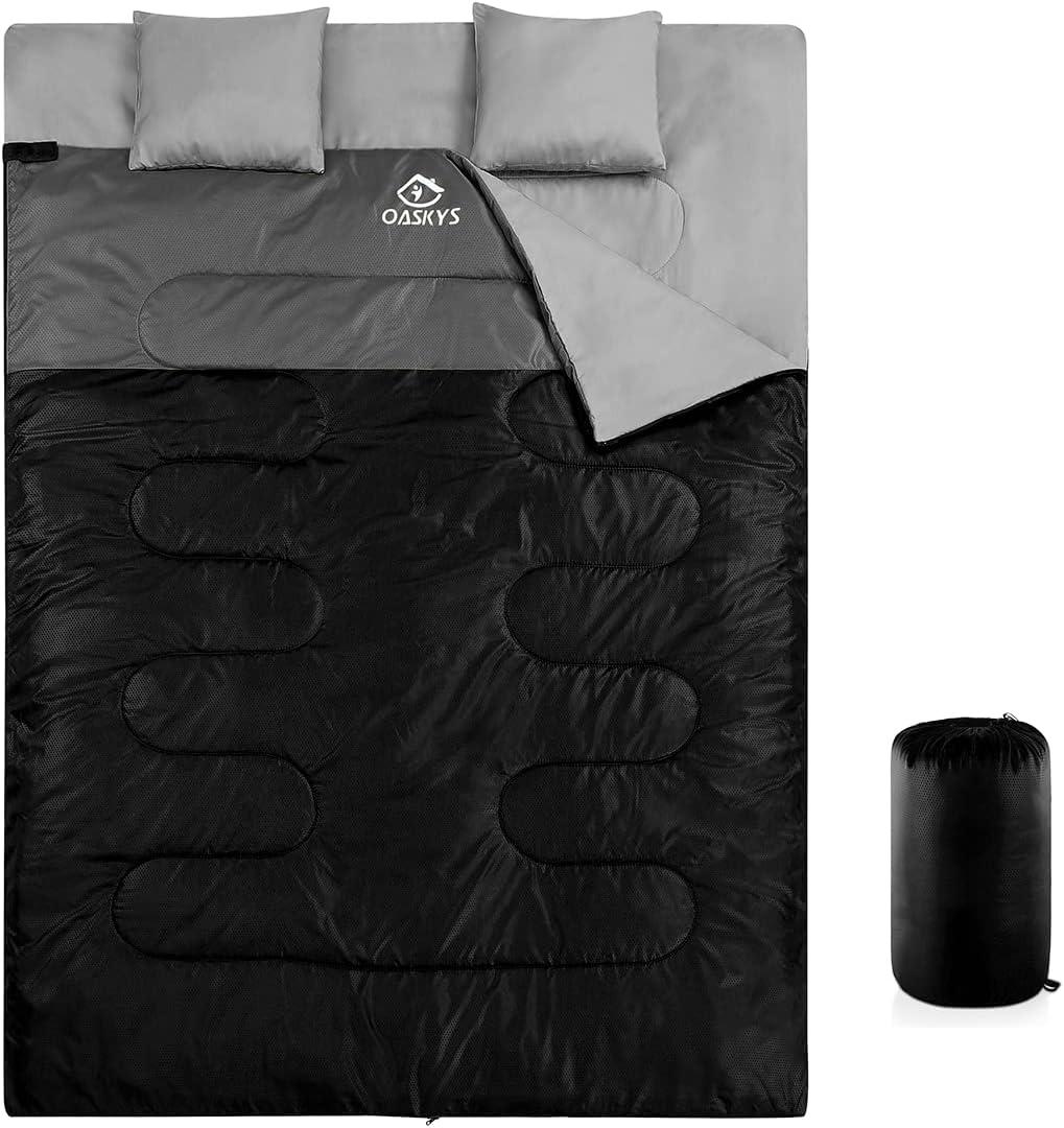 oaskys Double Sleeping Bag for Adults with 2 Pillows - Queen Size XL Waterproof Sleeping Bag for All Season Camping Hiking Backpacking 2 Person Sleeping Bags for Cold Weather & Warm, 59in x 86.6"