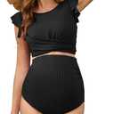 Bhome Maternity Swimsuit Bikini Set Two Piece Ruffle Sleeve Ribbed Bathing Suit High Waisted Pregnancy Swimwear, Medium