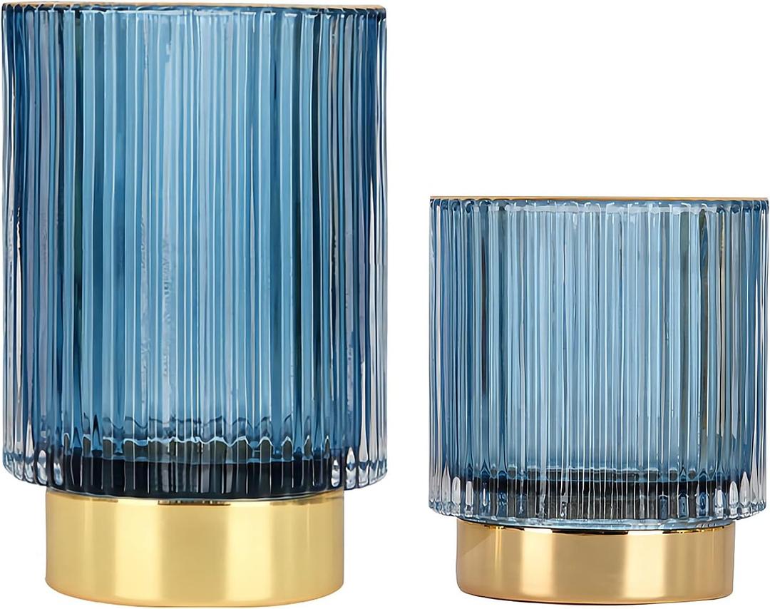 DASITON Makeup Brush Holder Organizer,Crystal Cosmetic Makeup Brush Glass Brushes Storage Holder, Vintage Make Up Brush Cup Pen Pencil Holder striped vase(Blue S+L)