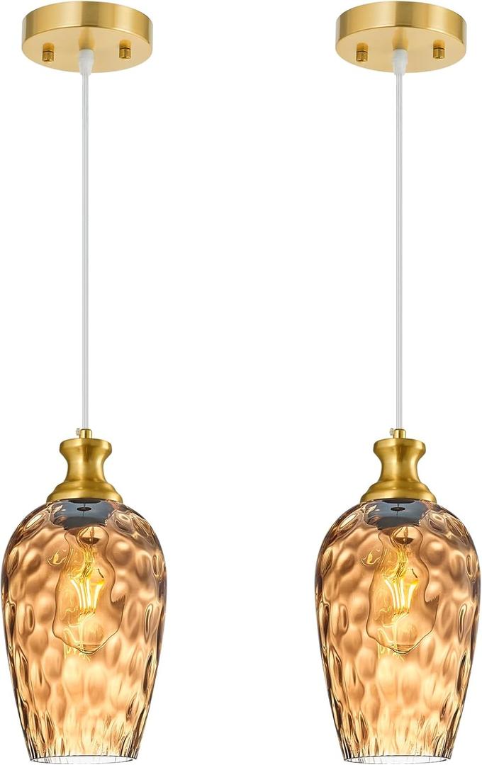 Glass Pendant Lights Kitchen Island 2 Pack 5.9" Amber Hammered Glass Pendant Light Gold Kitchen Pendant Lighting Over Sink Modern Bedroom Dining Room Hanging Light Fixture