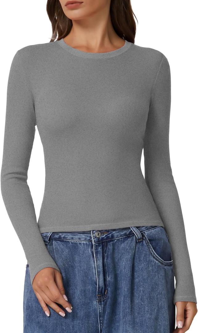 QINSEN Long Sleeve Shirts for Women Crewneck Rib Knit Slim Fit Going Out Tops Casual Basic Tee (XL)