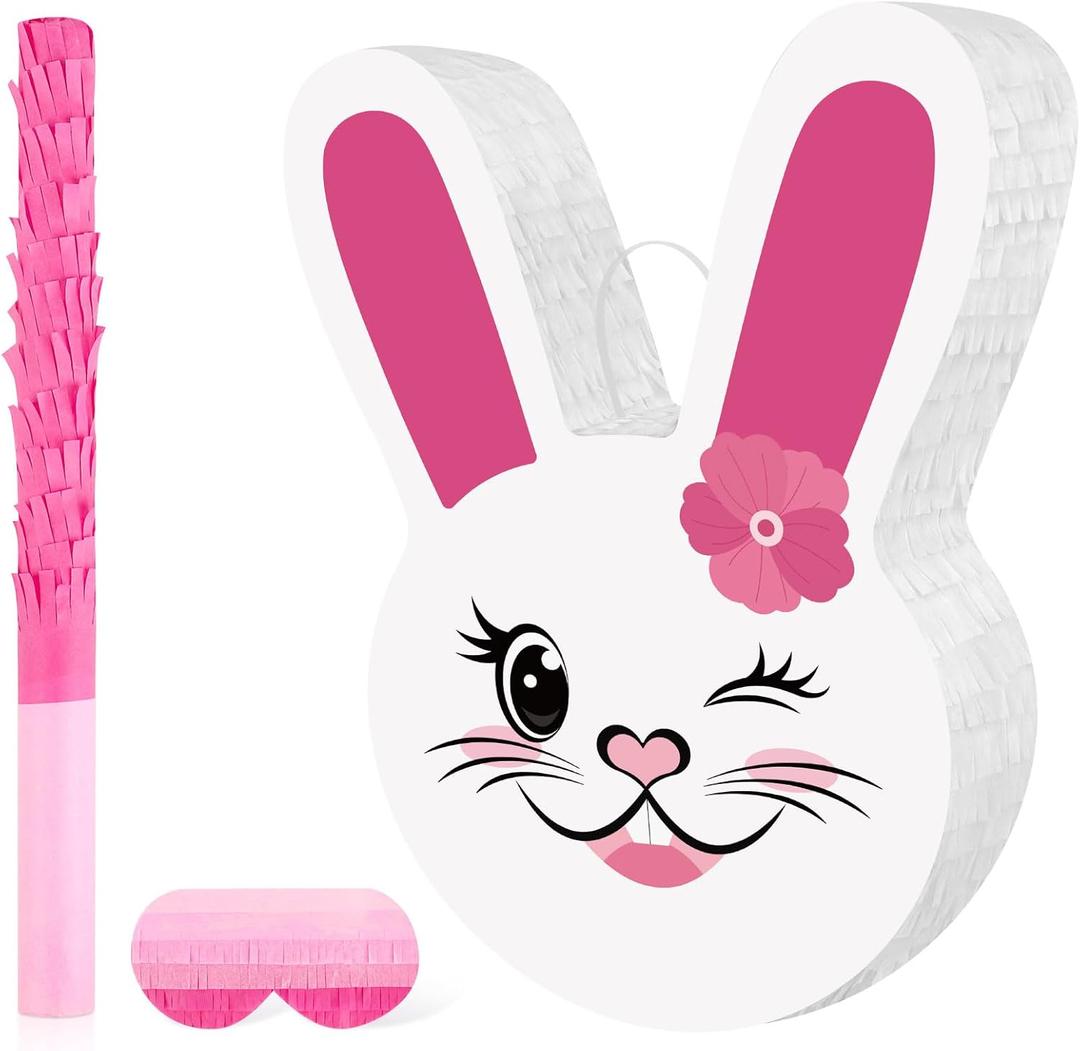 Easter Bunny Piata with Stick Blindfold Easter Sunday Celebration Bunny Theme Party Decoration for Girls Kids 1st Birthday Funny Cute Egg Theme Party Dcor (15.4"x12.6" x 3")
