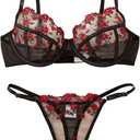GORGLITTER Women's Floral Embroidered Lingerie Mesh Underwire Push Up Bra and Panty Set Black Red Flower Large