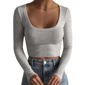 Artfish Women's Square Neck Long Sleeve Ribbed Slim Fitted Casual Basic Crop Top (Heather Grey) S