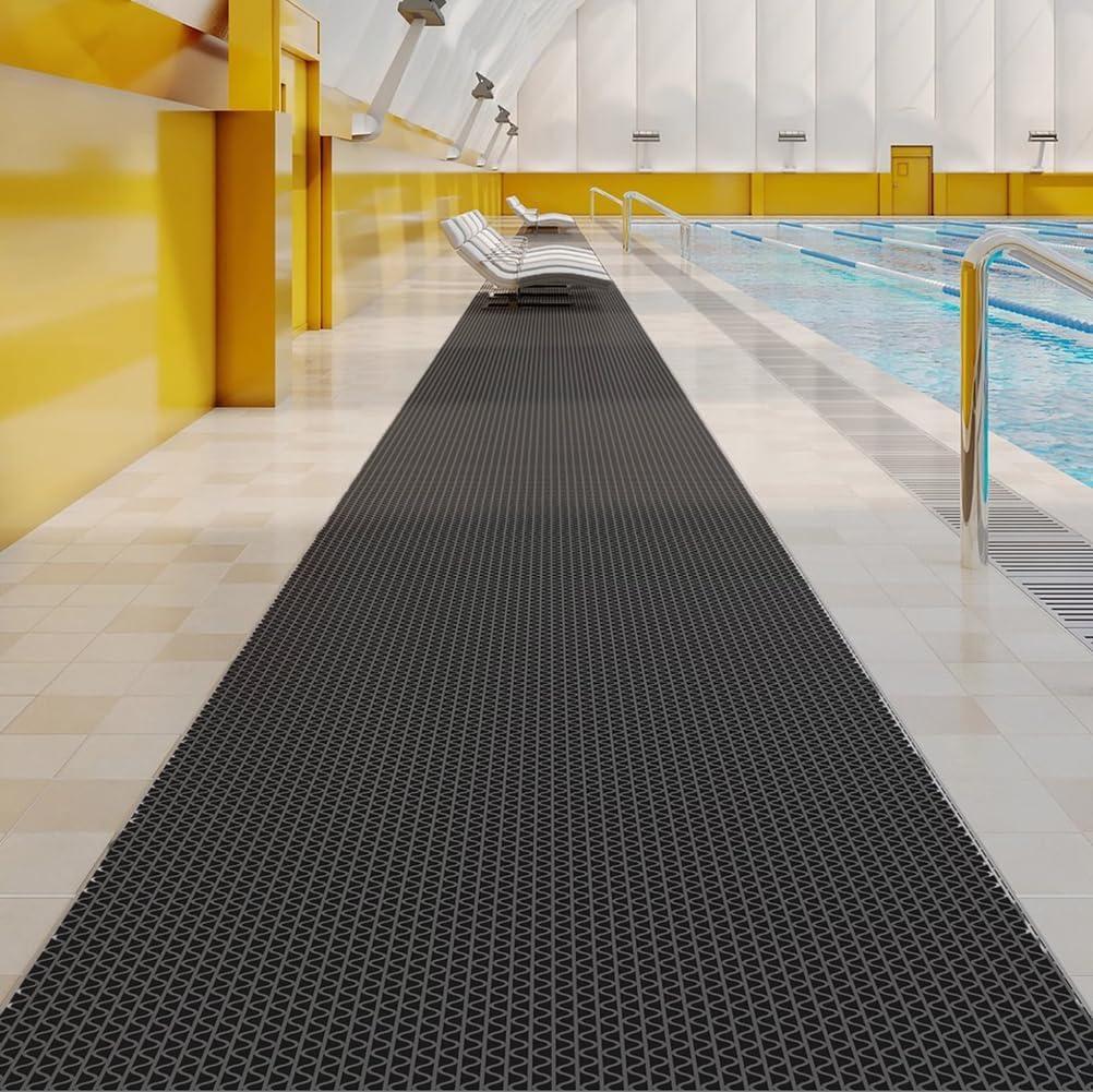 WLWLEO 3 x 20ft Poolside Non Slip Mat Walk Pool Mats for Floor Commercial Large PVC Flooring Mats with Drainage for Bathroom Garage Back Kitchen Pool Decorative Rugs,Black,0.9×6M/3×20ft, 2'11" x 19'8"