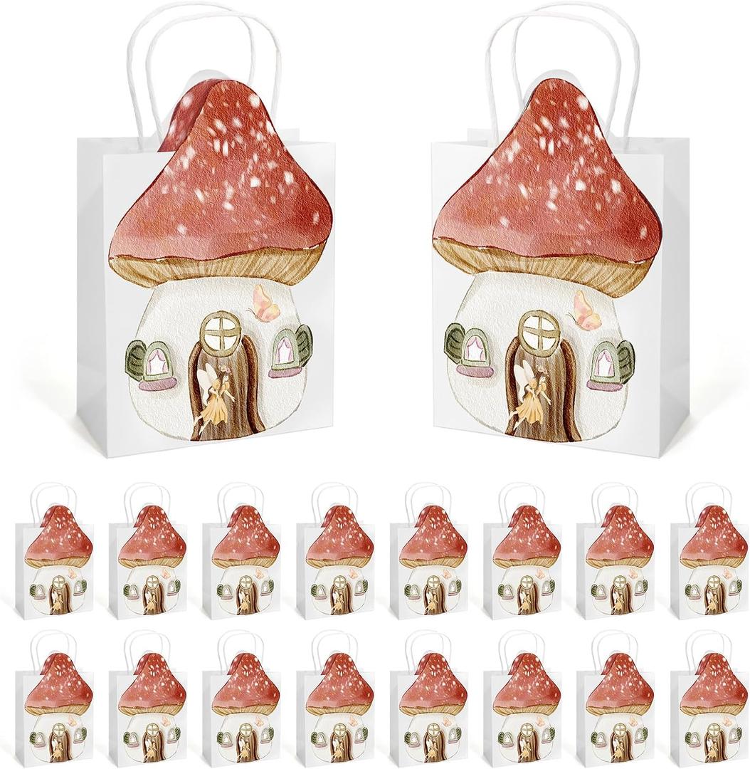 18 Pcs Mushroom Gift Bags with Handles Fairy Party Favors Woodland Mushroom Fairy Goodie Candy Treat Paper Bag for Kids Girls Baby Shower Birthday Party
