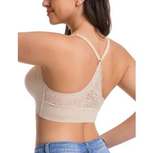 Lusait Womens Jelly Bra Seamless Wireless Lace Racerback Bralette Buttery Soft Comfort Deep V Plunge T-Shirt Bra (Beige, L)