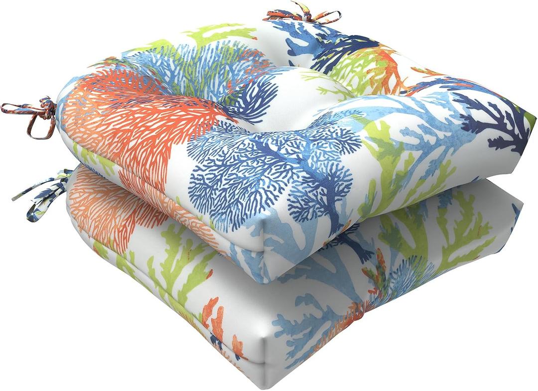 LVTXIII Outdoor Seat Cushions Seasonal Tufted Chair Cushions, Patio Chair Pads for Dining Chairs, Office Armchairs and Garden Furniture Decoration (Round Back, 19”x19”x4”, Coral Multi, 2 Pack)