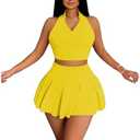 RoseSeek Women's 2 Piece Tennis Skirt Set Sleeveless Racerback Crop Tank Tops High Waisted Pleated Mini Skirt Outfits Yellow, L