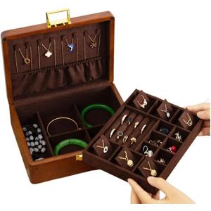 Bescott 2 Layer Solid Wooden Jewelry Box with Lock and Key for Women Men Vintage Velvet Wood Jewelry Organizer Storage for Earrings Rings Necklaces Bracelet Watch Mothers Day Gift (Necklace holder Deep brown velvet)