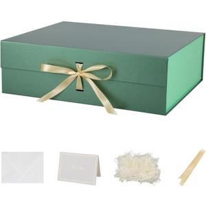 BoxSkivra Green Extra Large Gift Box with Lid 1 Pack 19x16x6 Inch Large Gift Boxes with Crinkle Paper & Card Magnetic Gift Box with Ribbon for Wedding Dress, 1 count