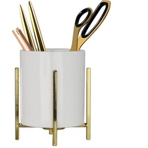 4.72" Gold Pen Holder Aesthetic Pencil Holder for Desk, Gold Desk Organizers and Accessories for Women Girls, Ceramic Pen Holder for Office (White Cup-Gold Bracket), Pack of 2 