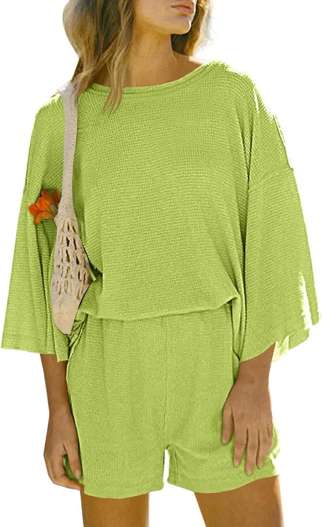 Tankaneo Womens Short Sets 2 Piece Outfits 3/4 Sleeve Tops and Elastic Waist Shorts Lounge Set Casual Loungewear (XX-Large, Green)