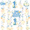 24Pcs One Silly Goose 1st Birthday Decor Silly Goose Hanging Birthday Swirl for Boys Blue Bow Silly Goose First Birthday Decorations for Funny Goose Theme 1st Birthday Party Supplies