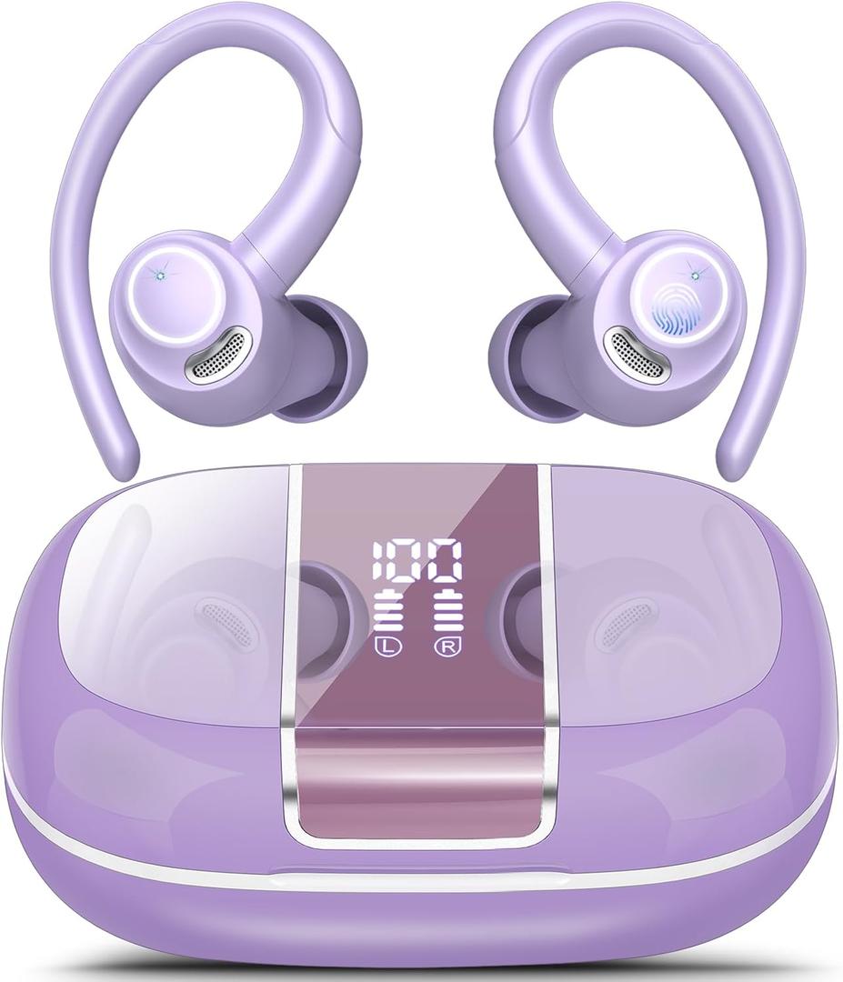Wireless Earbuds Bluetooth 5.3 Headphones Sports, 48Hrs Playback Over Ear Buds with CVC8.0 Mic, Bass Stereo Bluetooth Earbuds with Earhooks, LED Display, IP7 Waterproof Earphones for Running Purple