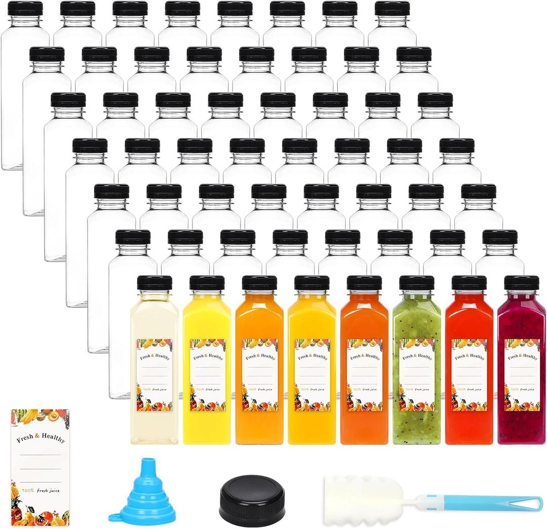 Moretoes 56pcs 16oz Plastic Juice Bottles with Caps, Clear Empty Reusable Containers with Brush Funnel and Labels for Coffee Smoothies Ginger and Other Beverages