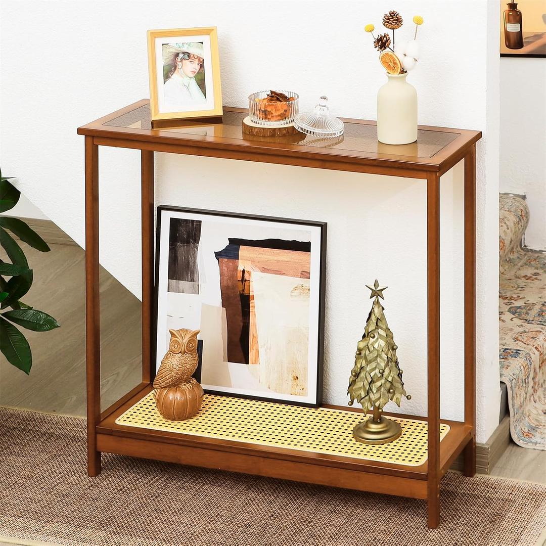 Bamboo Narrow Console Table, 31.5"(L) Wood Small Entryway Table with Rattan and Glass, Accent Slim Hallway Tables, Thin Sofa Side Tables for Hallway, Living Room, Bedroom, Foyer, Walnut, 31.5" x 10.24" x 29.72"
