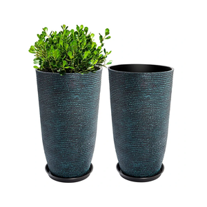 QCQHDU Large Tall Blue Planters with Saucer - 9 Gallon 12" Diameter x 21" H Faux Stone Round Pots for Indoor Plants, Outdoor Patio & Porch Decor, Heavy Duty Weatherproof Plant Containers
