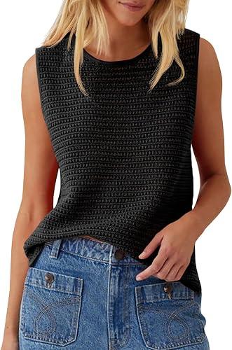Saodimallsu Womens Crochet Tank Tops Summer Sleeveless Crew Neck Basic Mesh Knit Loose Pullover Sweater Vest L