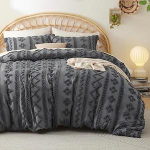 Bedsure Boho Duvet Cover King Size - Tufted King Duvet Cover Set for All Seasons, 3 Pieces Soft Shabby Chic Embroidery Boho Bedding, Comforter Not Included (Dark Grey, 104" x 90")