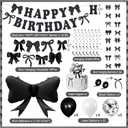 Black Bow Birthday Decorations Girls Bow Happy Birthday Banner Black White Balloon Coquette Decorations Hanging Swirls Garland Ribbon Party Decor Supplies for Girls Women