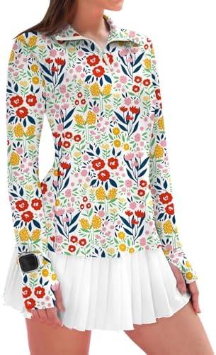 IECCP Women's Long Sleeve Golf Shirts Sun Protection 1/4 Zip Pullover Summer Quick Dry Athletic Hiking Running Workout Tops Size L