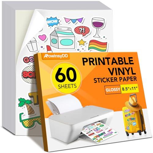 60 PCS Sticker Paper for Inkjet Printer, Printable Vinyl Sticker Paper Dries Quickly Vivid Colors, 8.5"x11" Tear Resistant Printable Vinyl, Glossy White, Inkjet & Laser Printer