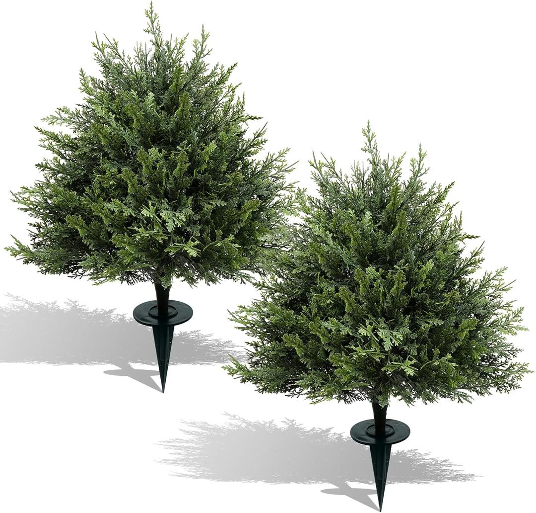 28" Artificial Cedar Topiary Ball Trees with Spike, Set of 2 Faux Cedar Bushes, UV Resistant Fake Shrubs, Artificial Cypress Topiary Outdoor Plants for Indoor&Outdoor Front Porch Garden