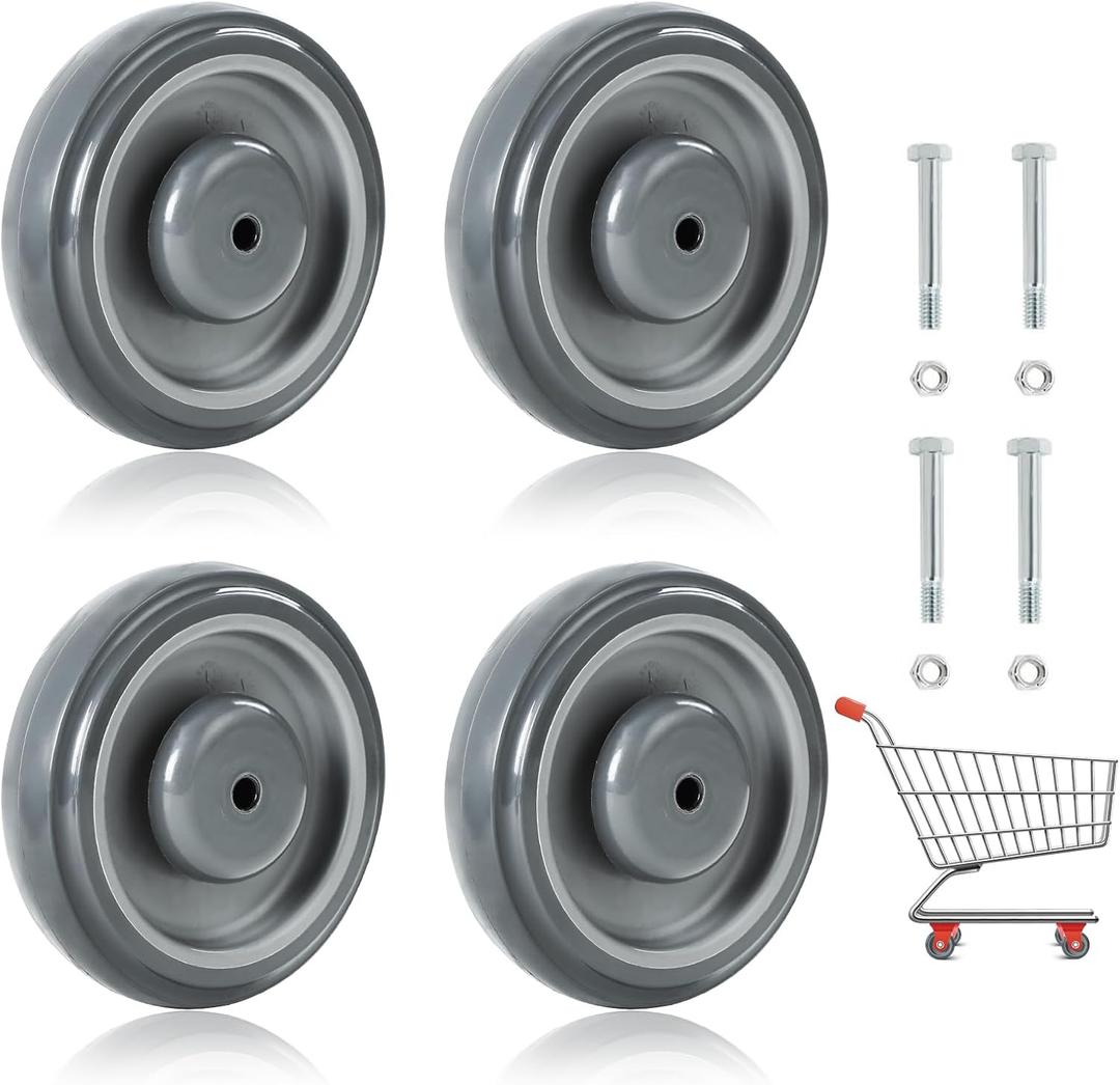 NATGAI 4 Pack Shopping Cart Replacement Wheels Kit, 5" Diameter 1.2" width 5/16 Bore Noiseless Shopping Cart Wheels with Axles Bolts 4 sets, Total 1000 Lbs (Grey)