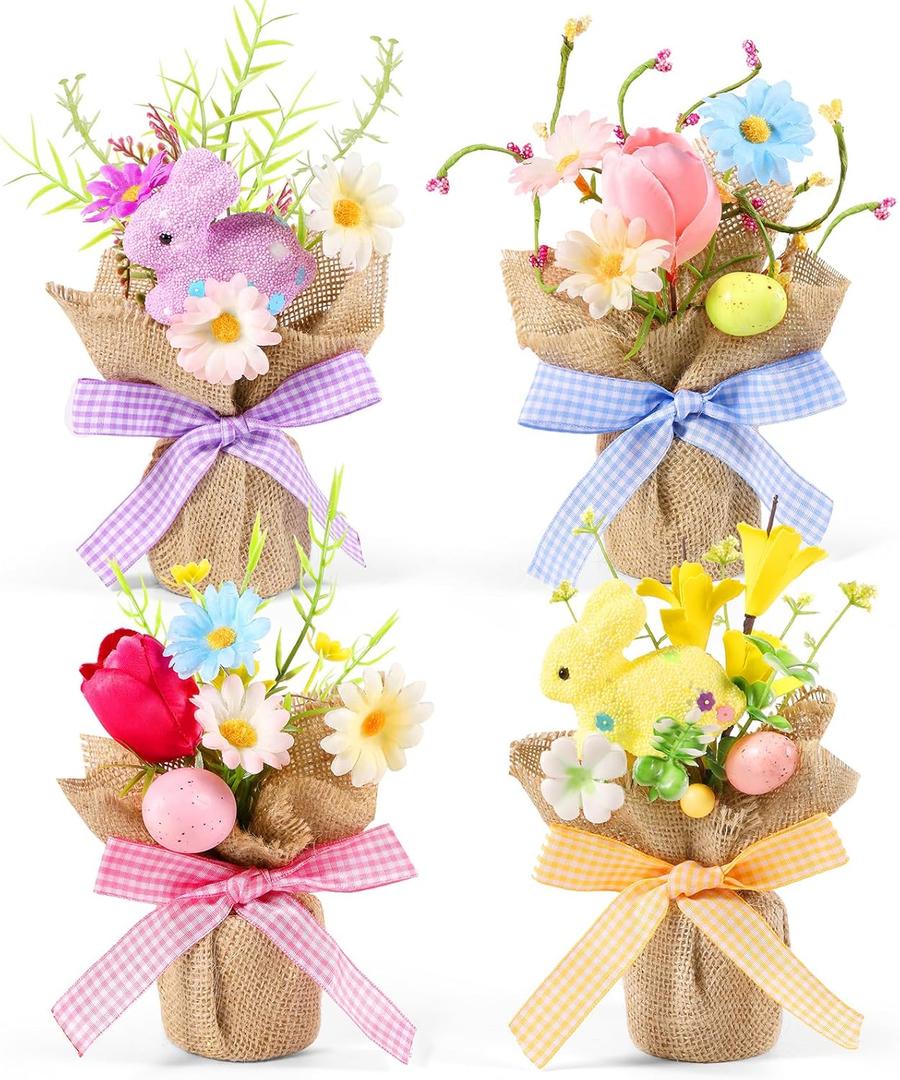 Dlerom 4 Pcs Easter Centerpiece Table Decorations Mini Artificial Easter Potted Plants Arrangement with Flowers Eggs Rabbits for Spring Home Desktop Farmhouse Party Decor