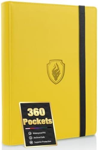 Premium 9 Pocket Card Binder for 360 Cards, Fabmaker PU Cover Trading Card Binder, Sturdy Card Collection Album, Sleek Card Holder Folders for Game Cards & Sports Cards, Yellow