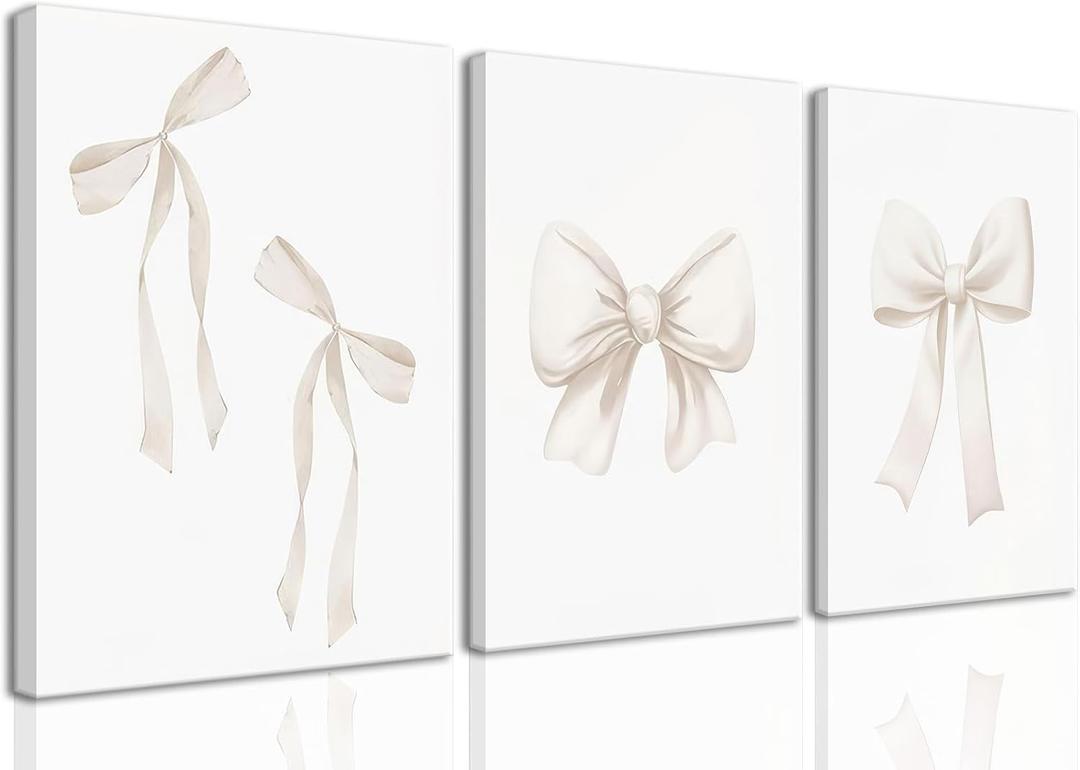 Djmwtb Coquette Beige Bow Wall Art Decor Posters, Cute Bow Bedroom Canvas Wall Art Decor Aesthetic for Teen Girls Room, Preppy Bow Pictures Wall Decor Paintings Prints, 16x24in Framed Set of 3