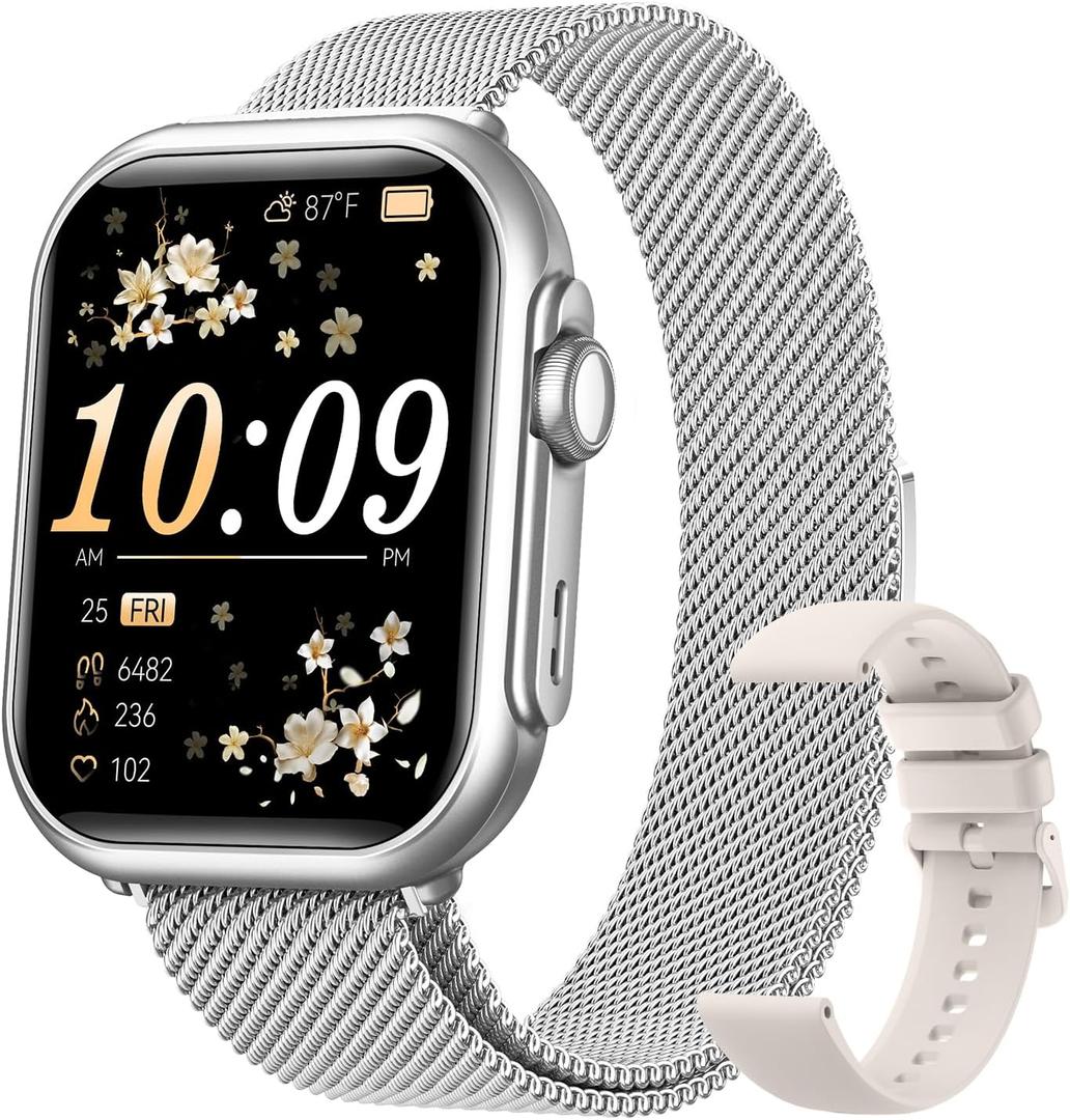 1.83" HD Smart Watch, 30 Days Battery Life, Sleep/Heart Rate/SpO2/Blood Pressure Monitor, Calls/Messages/Notifications, 5ATM 110+ Sports Modes Fitness Tracker Watch, for Women & Men/ Android & iPhone (Silver-Beige)