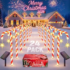 Solar Christmas Lights Outdoor Decorations: 24-Pack Candy Cane Pathway Lights with 10 Modes - Unique Xmas Gifts for Mom Women - Waterproof Decorative Christmas Yard Stakes for Holiday Garden Decor