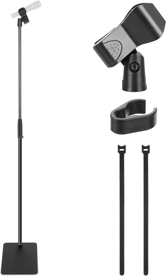 Pyle Square Base Microphone Stand with Mic Clip - Heavy Duty, Height Adjustable, 36.2" to 63.38'', Solid Die-Cast Base, Studio & Concert Use, Universal 5/8'' Adapter, Cable Clip Included