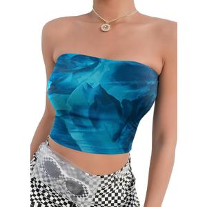 qdl Floral Tie Dye Tube Top Women Y2k Strapless Tops Ruched Sleeveless Strapless Crop Tank (Blue, S)