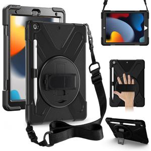 ZenRich Shockproof Case for iPad 9th/8th/7th Generation 10.2 inch 2021/2020/2019, Heavy Duty Rugged Case with Pencil Holder/360 Rotating Kickstand/Handle/Carrying Strap, Black