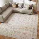 8x10 Washable Area Rug, Low Pile Faux Wool Carpet for Living Room, Bedroom, Dining Room, Vintage Flower Design, Non-Shedding Low-Pile Rug in Beige for High-Traffic Areas with Non-Slip Rubber Back
