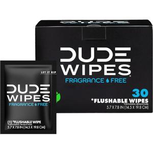 DUDE Wipes On-The-Go Flushable Wipes - 1 Pack, 30 Count - Unscented Extra-Large Individually Wrapped with Vitamin E & Aloe - Septic and Sewer Safe