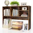 Clikuutory 2-Tier Desktop Bookshelf Hutch, Wood Countertop Storage Organizer with 4 Storage Compartments for Computer Desk, Multipurpose Tabletop Display Rack for Home Office Dorm Bedroom, Brown, 37"W x 10"D x 29"H