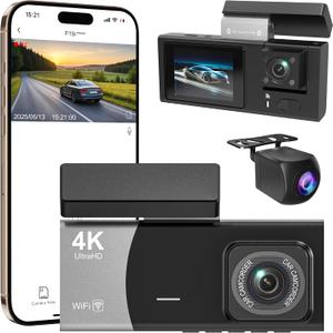 3 Channel 4K WiFi Dash Cam, 4K+1080P+1080P Front Inside and Rear, Triple Dash Camera with 32GB Card, APP Control, G-Sensor, 24 Hours Parking Mode, Loop Recording, Night Vision