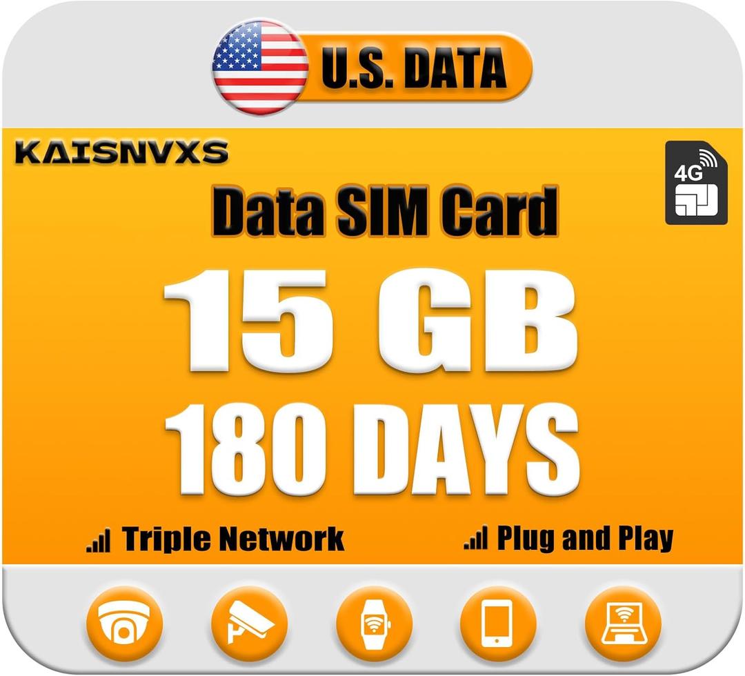 4G LTE Cellular Data SIM Card for 180 Days 15GB Compatible with USA Nationwide Networks for Security Cameras, Hunting Trail Cameras, Game Cameras, Tablets, Unlocked IoT Device,Plug and Play