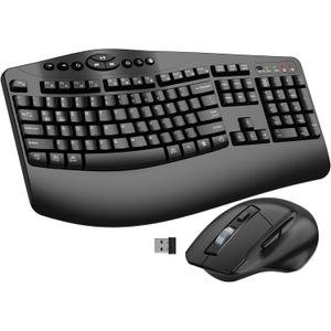 Ergonomic Wireless Keyboard and Mouse Combo, 2.4GHz Full Size Wave Keys Computer Keyboard with Wrist Rest for Natural Typing, Silent 6 Button USB Mouse for Laptop PC Windows Mac