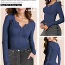 Long Sleeve Shirts for Women, Casual Solid Henley Tops Button Down Shirts, V Neck Blouses Basic Ribbed Knit Shirts for Party (Blue, XL)