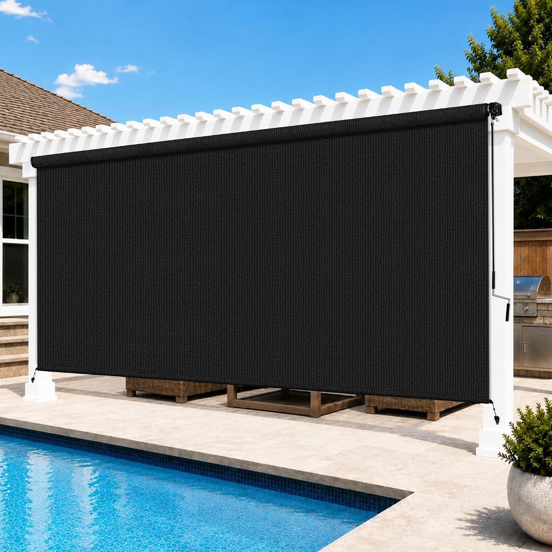 11'W x 8'H Black Outdoor Roller Shade with Crank Wand Patio Shades Roll up, UV Blocking & Privacy Protection, 132"W x 96"H