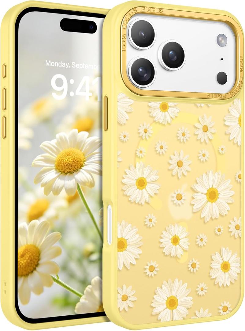 DOMAVER for iPhone 17 Pro Max Case, Magnetic Phone Case for iPhone 17 Pro Max [Compatible with MagSafe] Slim Fit Flowers Floral Design Shockproof Protective Bumper Women Girls Cover, Daisy-Yellow