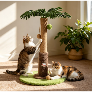 Palm Tree Cat Scratching Post,Cat Tree With Leaves,23" Tall Vertical Cat Scratching Post Tall,Scratcher Post Sisal Rope Wrapped Coconuts Tre Cats Climbing Tower With Hanging Toys.