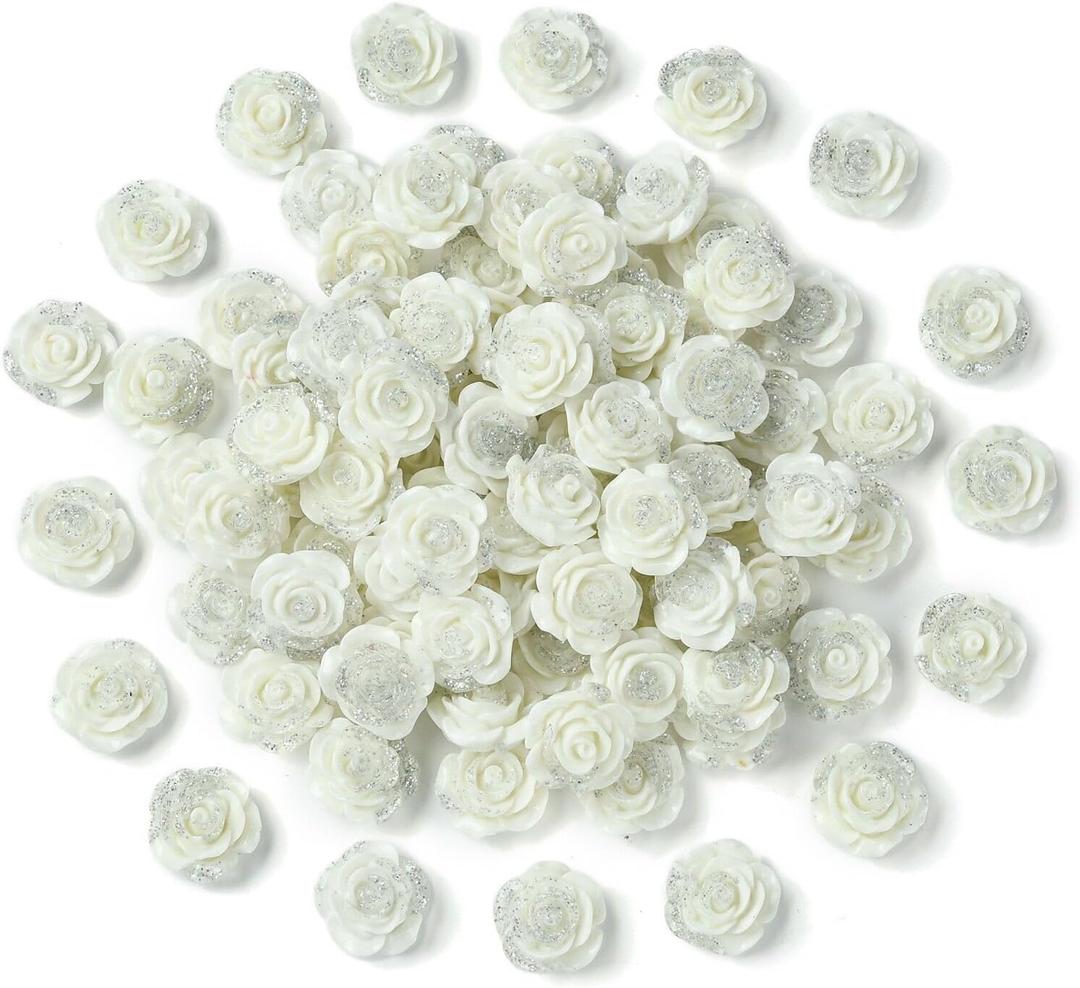 LiQunSweet 100 Pcs Opaque Resin Cabochons White Rose Flower Nohole Beads Charms with Glitter Powder for DIY Crafts Valentine Christmas Birthday Gifts