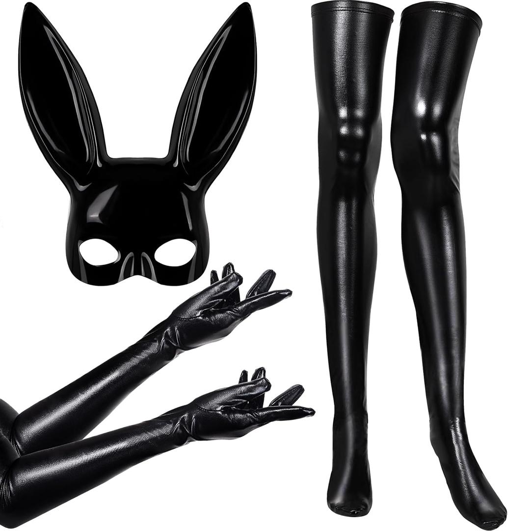 5 Pieces Halloween Women Costume Set Bunny Mask Elastic Shiny Wet Look Long Gloves Black Wet Thigh High Stockings Rabbit Ears Masquerade Cover for Cosplay Party